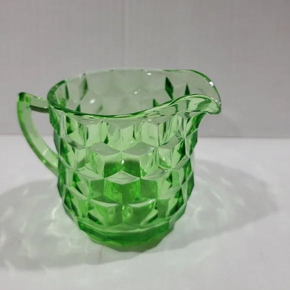 Uranium Glass Depression  Glass Pitcher Creamer Cubist Pattern UV Glowing Glass - Picture 7 of 9